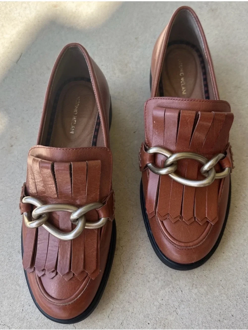 ANTONIO MELANI Brown Leather Kiltie Loafers with Chain Detail 5.5 #875CL